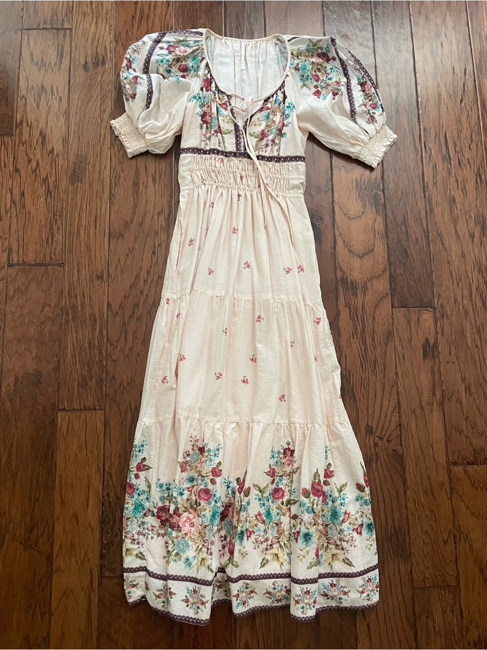 Anthropologie Cream Maxi Dress with Floral Border
